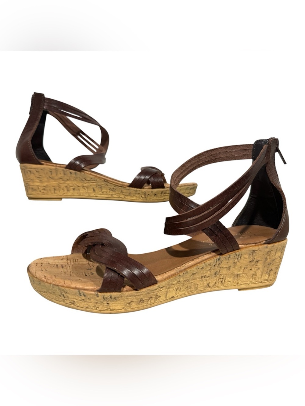 Kokka Handmade Brown Leather Cork Platform Wedges / Gladiator Sandals EU Size 38